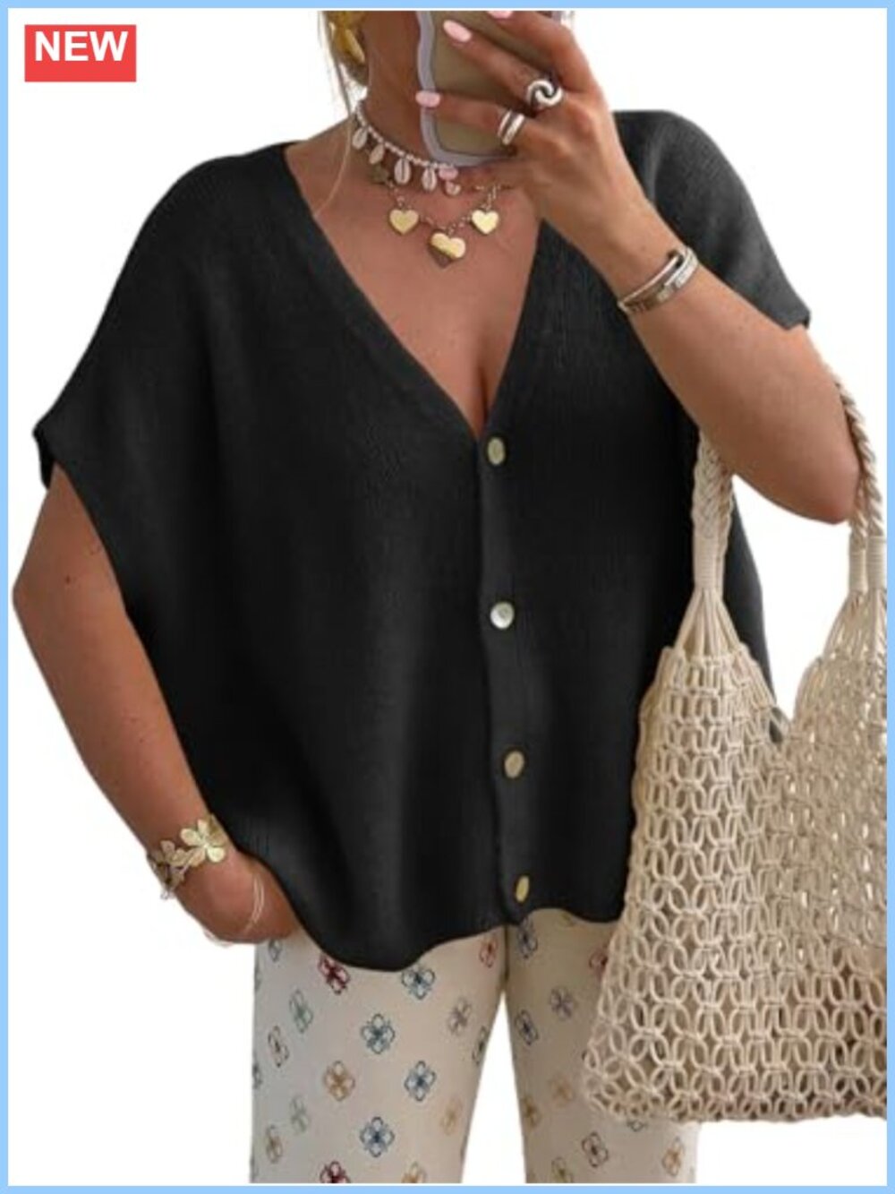 Oversized Batwing Short Sleeve Cardigan V-Neck Knit Sweater